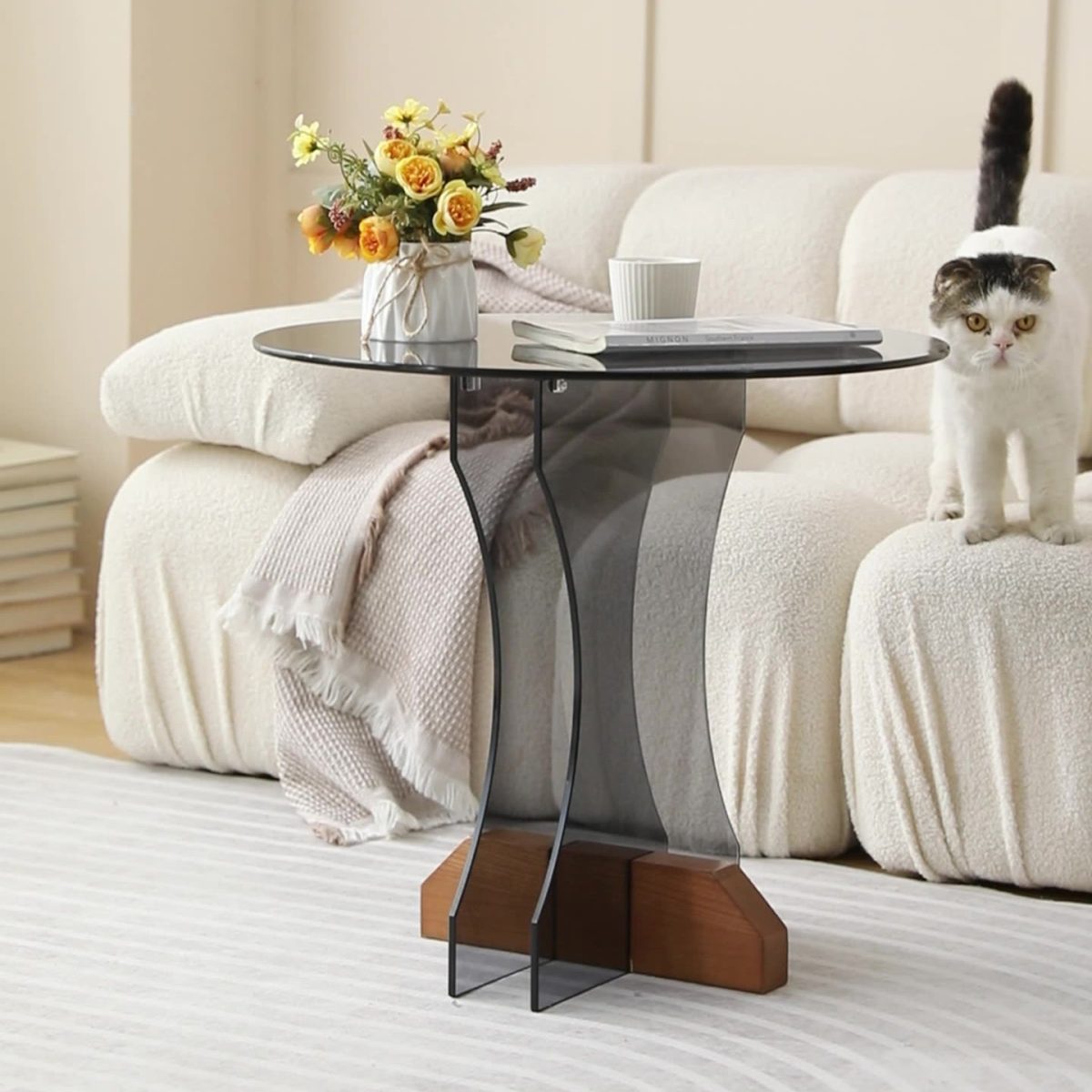 Contemporary Nordic Round Glass Side Table With Solid Wood Base For Living Room - Image 18