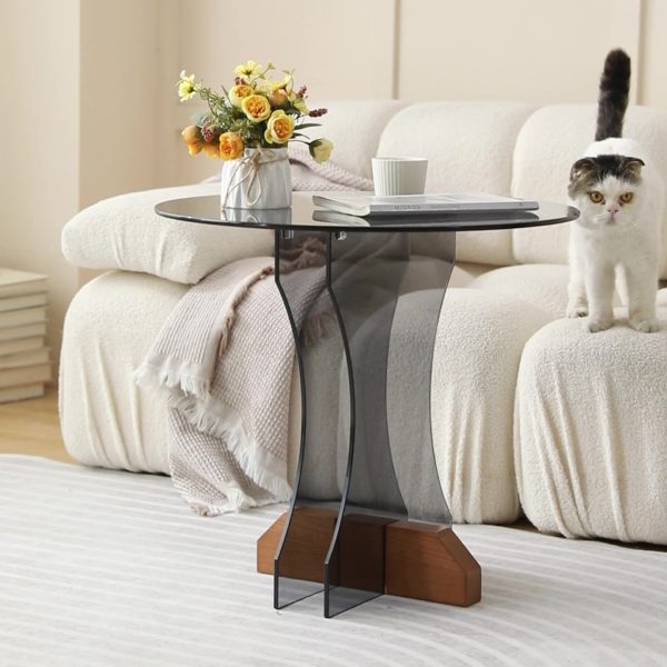 Contemporary Nordic Round Glass Side Table With Solid Wood Base For Living Room - Image 18