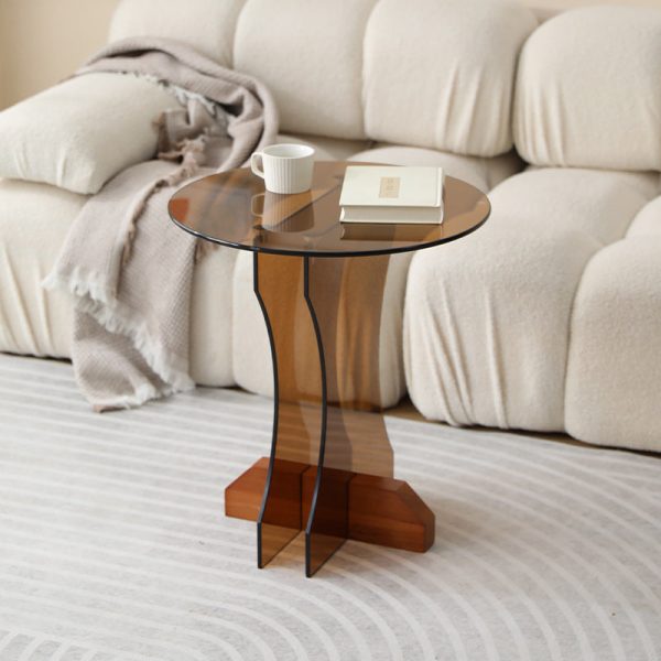 Contemporary Nordic Round Glass Side Table With Solid Wood Base For Living Room - Image 2