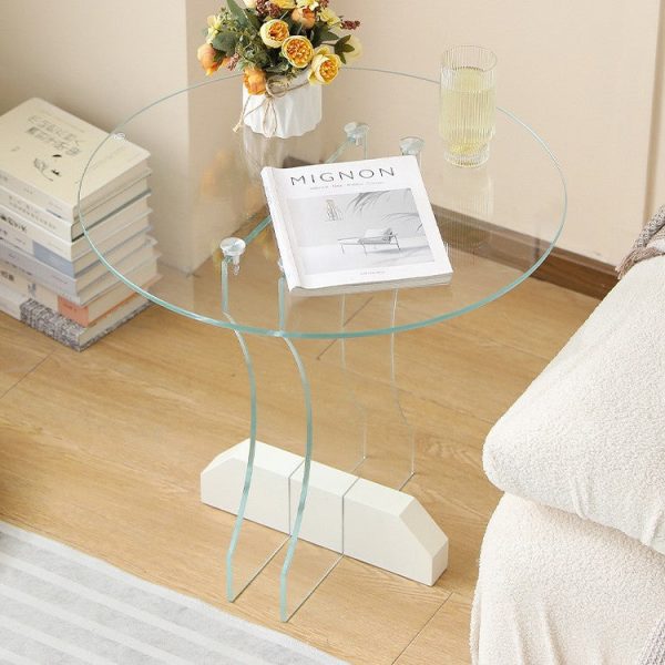 Contemporary Nordic Round Glass Side Table With Solid Wood Base For Living Room - Image 3