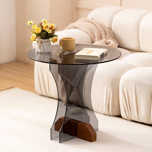 Contemporary Nordic Round Glass Side Table With Solid Wood Base For Living Room - Image 13