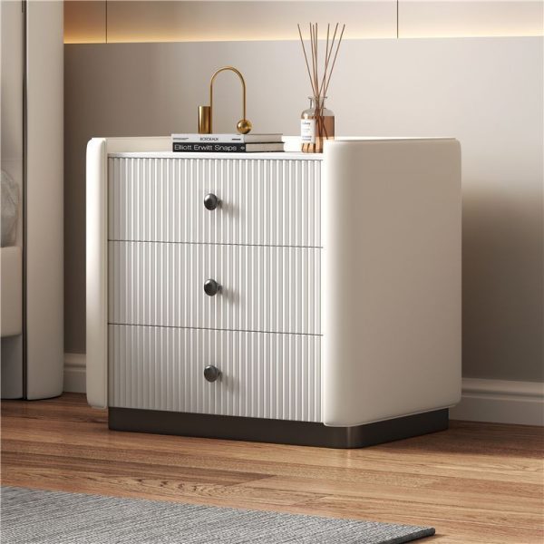 Modern Luxury Rectangular Desktop Microfiber Leather Solid Wood Rock Slab Nightstand 3-Drawer For Bedroom - Image 9