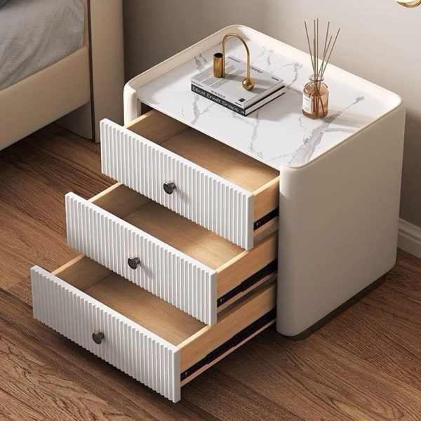 Modern Luxury Rectangular Desktop Microfiber Leather Solid Wood Rock Slab Nightstand 3-Drawer For Bedroom - Image 7