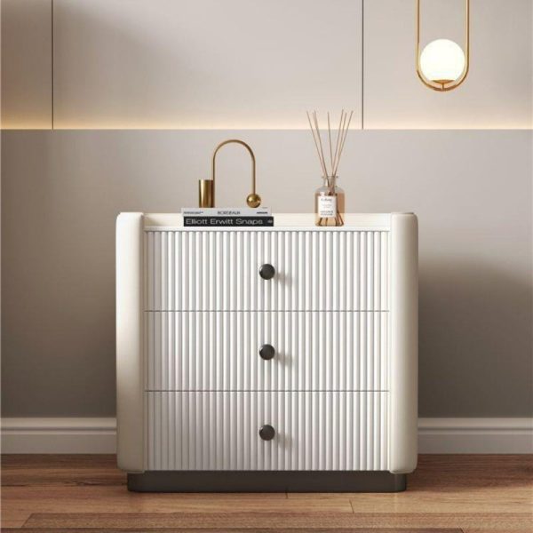 Modern Luxury Rectangular Desktop Microfiber Leather Solid Wood Rock Slab Nightstand 3-Drawer For Bedroom - Image 2