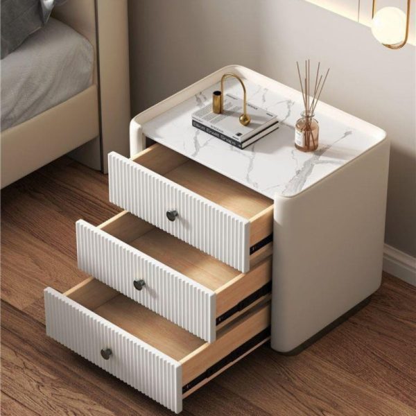 Modern Luxury Rectangular Desktop Microfiber Leather Solid Wood Rock Slab Nightstand 3-Drawer For Bedroom - Image 3