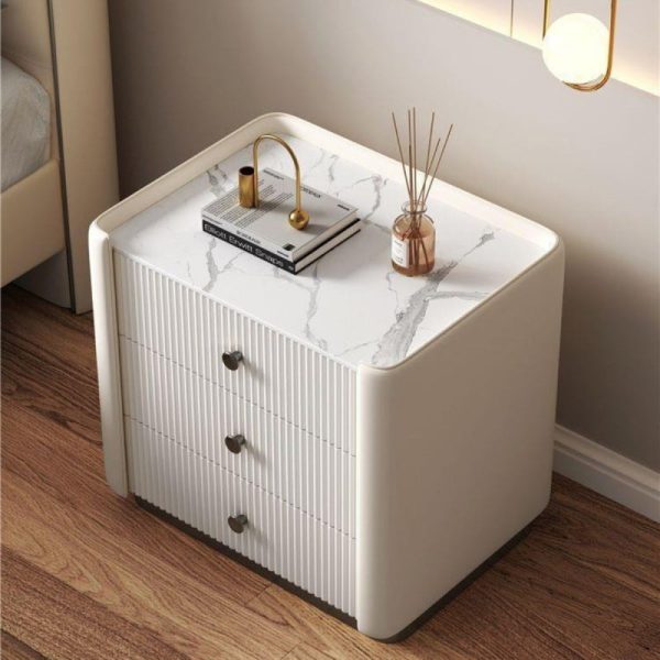 Modern Luxury Rectangular Desktop Microfiber Leather Solid Wood Rock Slab Nightstand 3-Drawer For Bedroom - Image 8