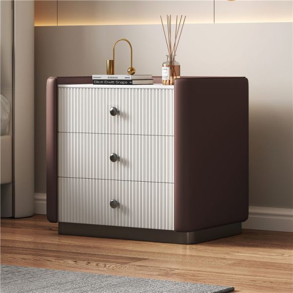 Modern Luxury Rectangular Desktop Microfiber Leather Solid Wood Rock Slab Nightstand 3-Drawer For Bedroom - Image 14