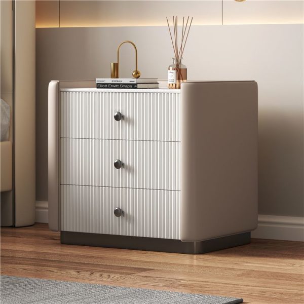 Modern Luxury Rectangular Desktop Microfiber Leather Solid Wood Rock Slab Nightstand 3-Drawer For Bedroom - Image 11