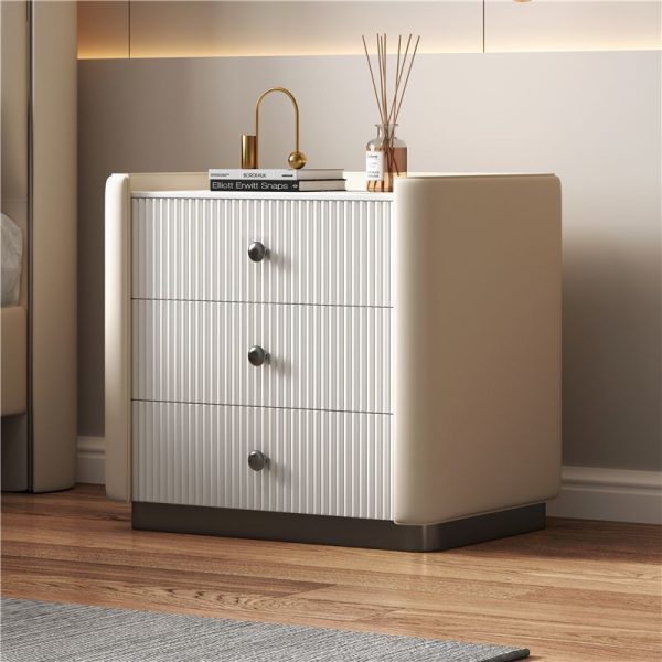 Modern Luxury Rectangular Desktop Microfiber Leather Solid Wood Rock Slab Nightstand 3-Drawer For Bedroom - Image 10
