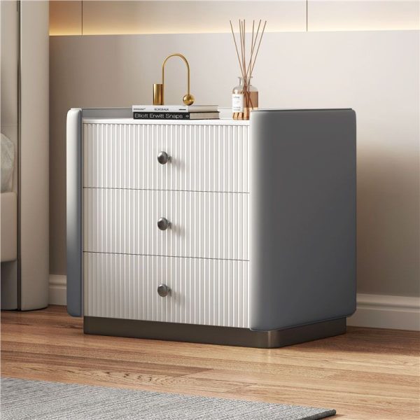 Modern Luxury Rectangular Desktop Microfiber Leather Solid Wood Rock Slab Nightstand 3-Drawer For Bedroom - Image 13