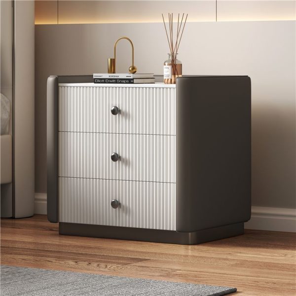 Modern Luxury Rectangular Desktop Microfiber Leather Solid Wood Rock Slab Nightstand 3-Drawer For Bedroom - Image 12