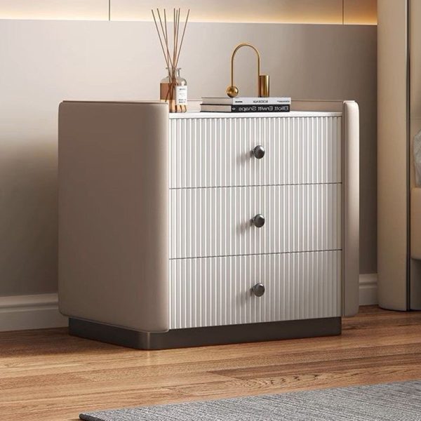 Modern Luxury Rectangular Desktop Microfiber Leather Solid Wood Rock Slab Nightstand 3-Drawer For Bedroom - Image 16