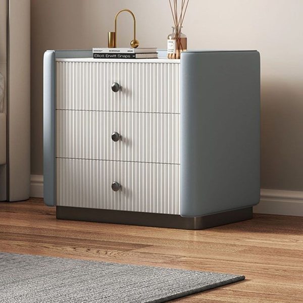 Modern Luxury Rectangular Desktop Microfiber Leather Solid Wood Rock Slab Nightstand 3-Drawer For Bedroom - Image 17