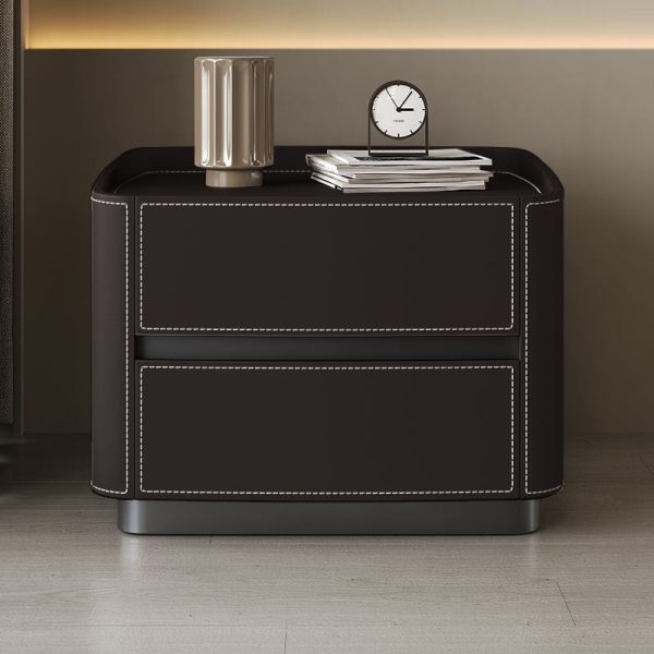 Modern Minimalist Rectangular Tabletop Solid Wood Saddle Leather Nightstand 2-Drawer For Bedroom - Image 15