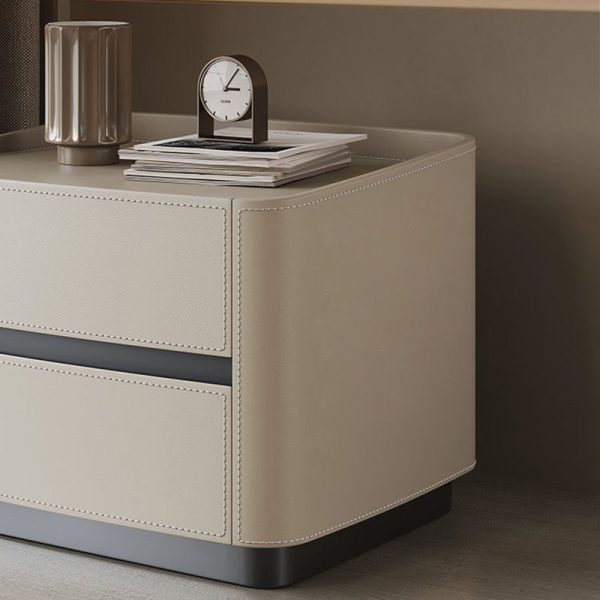 Modern Minimalist Rectangular Tabletop Solid Wood Saddle Leather Nightstand 2-Drawer For Bedroom - Image 9