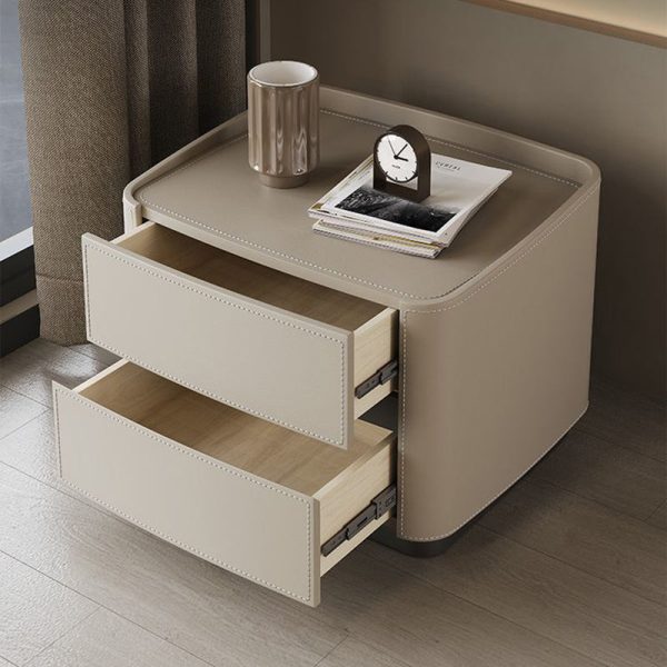 Modern Minimalist Rectangular Tabletop Solid Wood Saddle Leather Nightstand 2-Drawer For Bedroom - Image 10