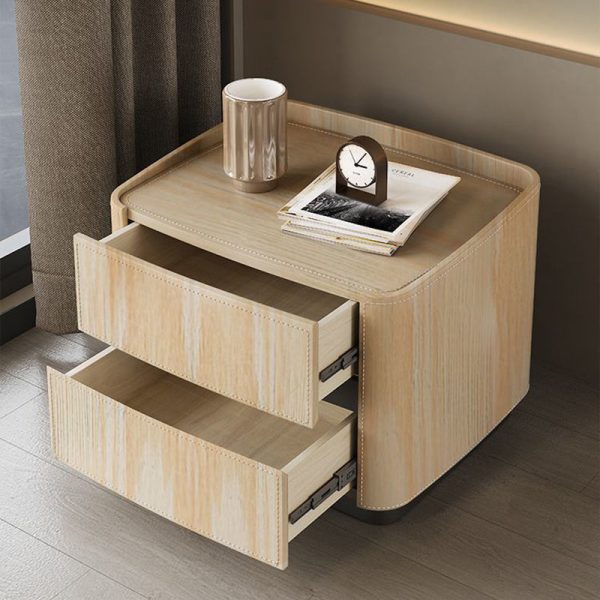 Modern Minimalist Rectangular Tabletop Solid Wood Saddle Leather Nightstand 2-Drawer For Bedroom - Image 11
