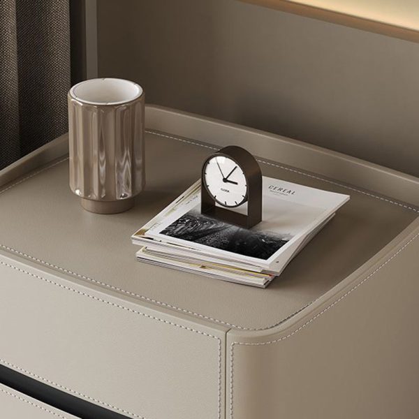 Modern Minimalist Rectangular Tabletop Solid Wood Saddle Leather Nightstand 2-Drawer For Bedroom - Image 6