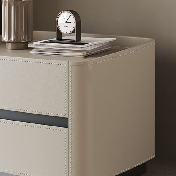 Modern Minimalist Rectangular Tabletop Solid Wood Saddle Leather Nightstand 2-Drawer For Bedroom - Image 7
