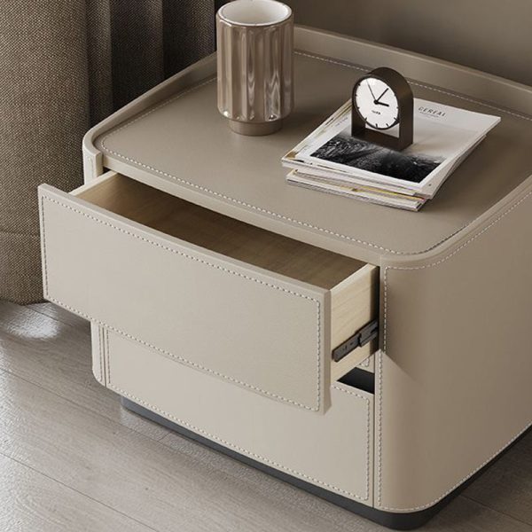 Modern Minimalist Rectangular Tabletop Solid Wood Saddle Leather Nightstand 2-Drawer For Bedroom - Image 8
