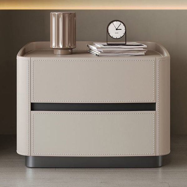 Modern Minimalist Rectangular Tabletop Solid Wood Saddle Leather Nightstand 2-Drawer For Bedroom - Image 12