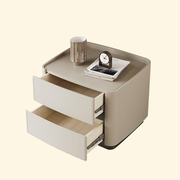 Modern Minimalist Rectangular Tabletop Solid Wood Saddle Leather Nightstand 2-Drawer For Bedroom - Image 22