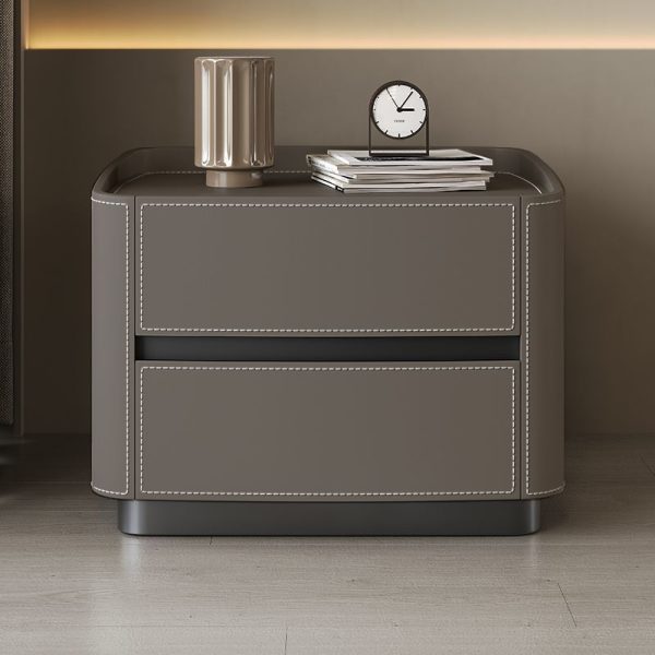Modern Minimalist Rectangular Tabletop Solid Wood Saddle Leather Nightstand 2-Drawer For Bedroom - Image 20
