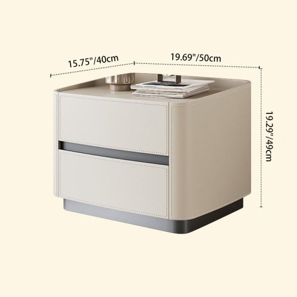 Modern Minimalist Rectangular Tabletop Solid Wood Saddle Leather Nightstand 2-Drawer For Bedroom - Image 4