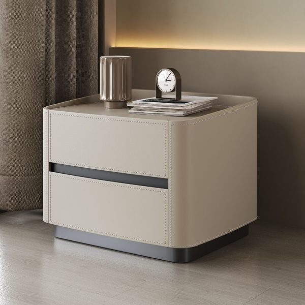 Modern Minimalist Rectangular Tabletop Solid Wood Saddle Leather Nightstand 2-Drawer For Bedroom