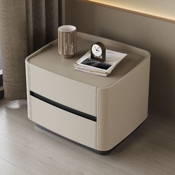 Modern Minimalist Rectangular Tabletop Solid Wood Saddle Leather Nightstand 2-Drawer For Bedroom - Image 2