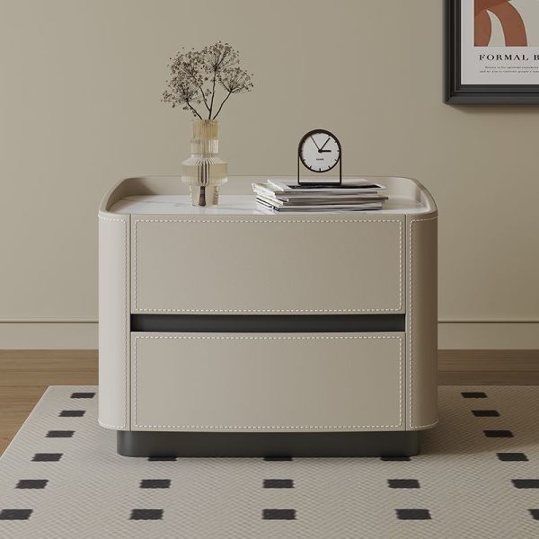 Modern Minimalist Rectangular Tabletop Solid Wood Saddle Leather Nightstand 2-Drawer For Bedroom - Image 3