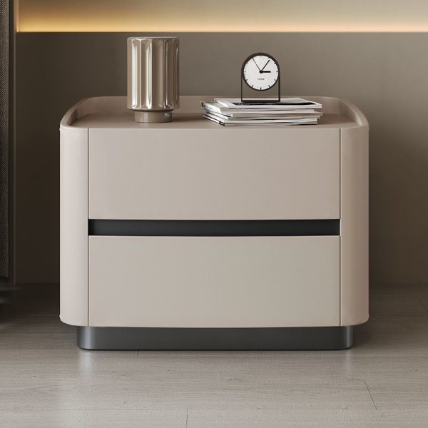 Modern Minimalist Rectangular Tabletop Solid Wood Saddle Leather Nightstand 2-Drawer For Bedroom - Image 17