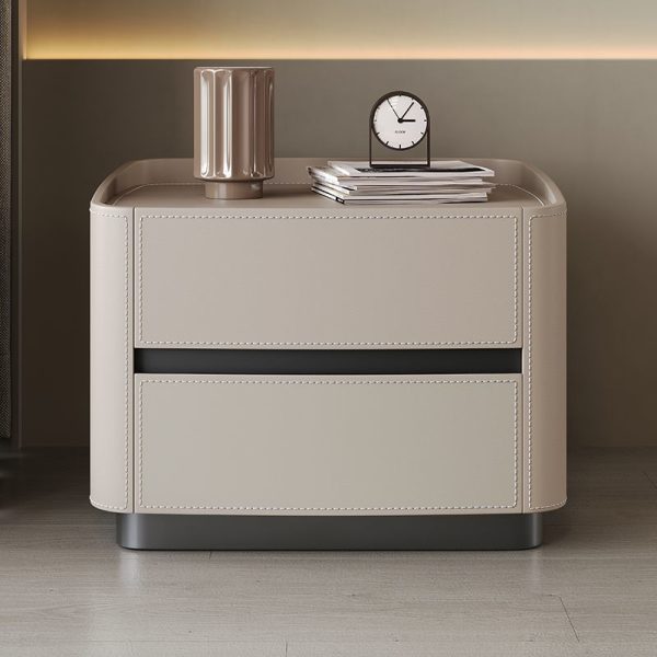 Modern Minimalist Rectangular Tabletop Solid Wood Saddle Leather Nightstand 2-Drawer For Bedroom - Image 13