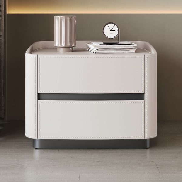 Modern Minimalist Rectangular Tabletop Solid Wood Saddle Leather Nightstand 2-Drawer For Bedroom - Image 16