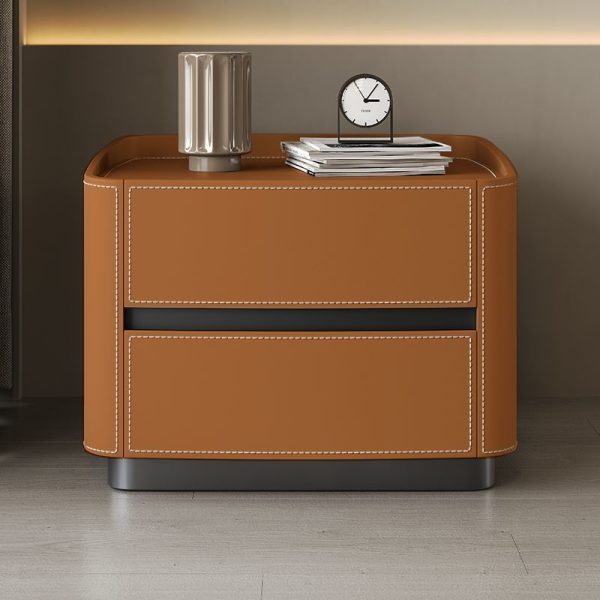 Modern Minimalist Rectangular Tabletop Solid Wood Saddle Leather Nightstand 2-Drawer For Bedroom - Image 19