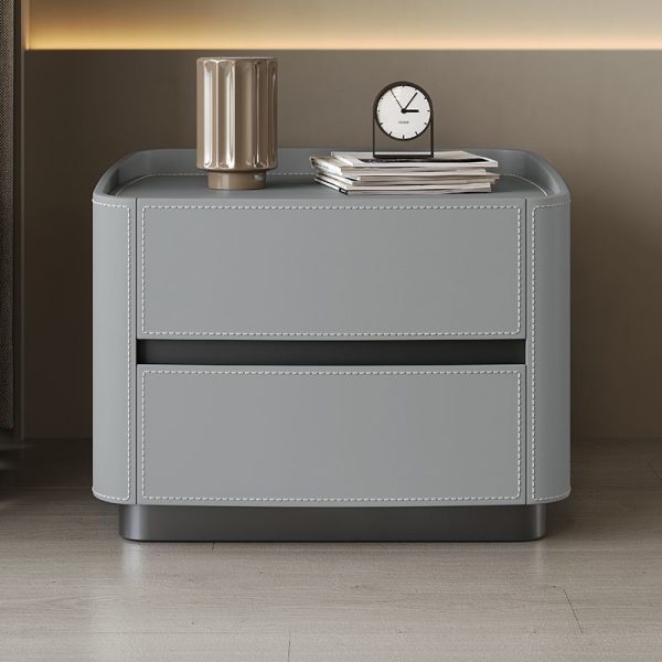 Modern Minimalist Rectangular Tabletop Solid Wood Saddle Leather Nightstand 2-Drawer For Bedroom - Image 14