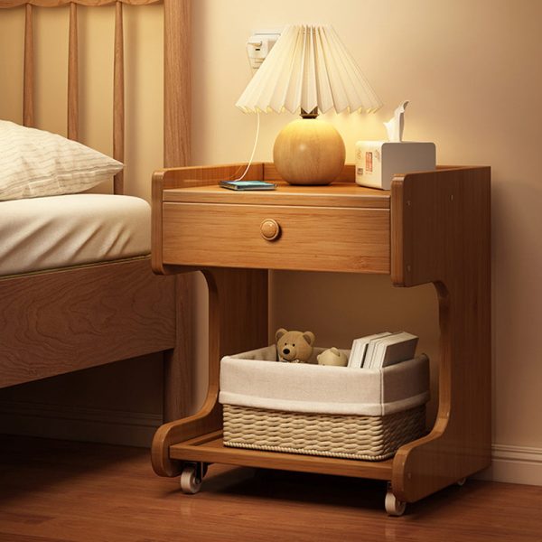 Modern Minimalist Removable Rectangular Desktop Solid Wood Nightstand 1-Drawer For Bedroom