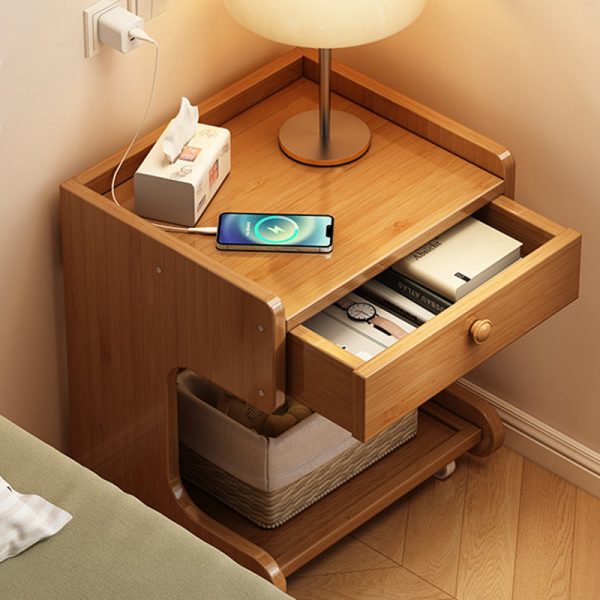 Modern Minimalist Removable Rectangular Desktop Solid Wood Nightstand 1-Drawer For Bedroom - Image 3
