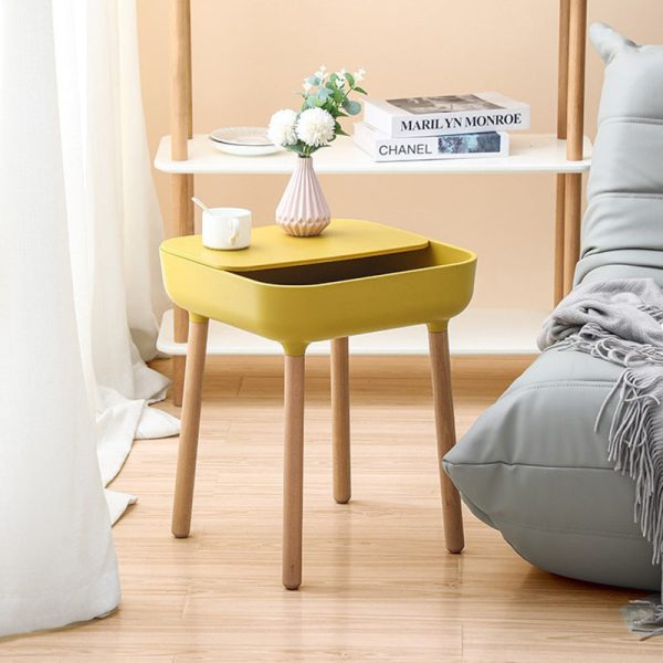 Modern Minimalist Square Desktop Plastic Nightstand With Solid Wood Legs 1-Drawer For Bedroom - Image 9