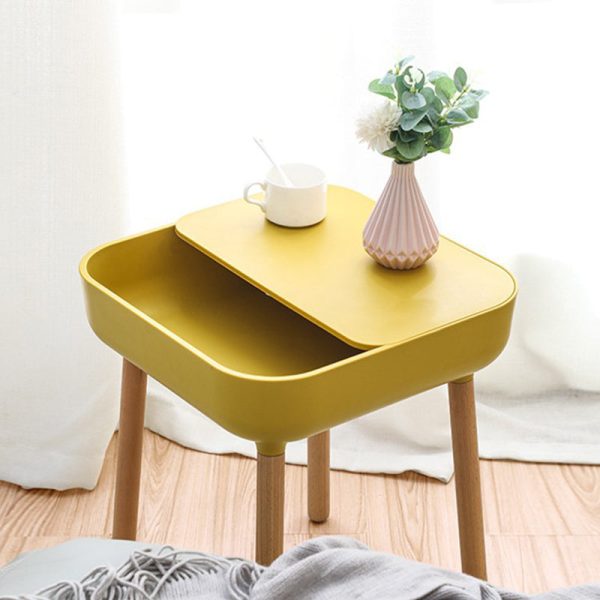 Modern Minimalist Square Desktop Plastic Nightstand With Solid Wood Legs 1-Drawer For Bedroom - Image 11
