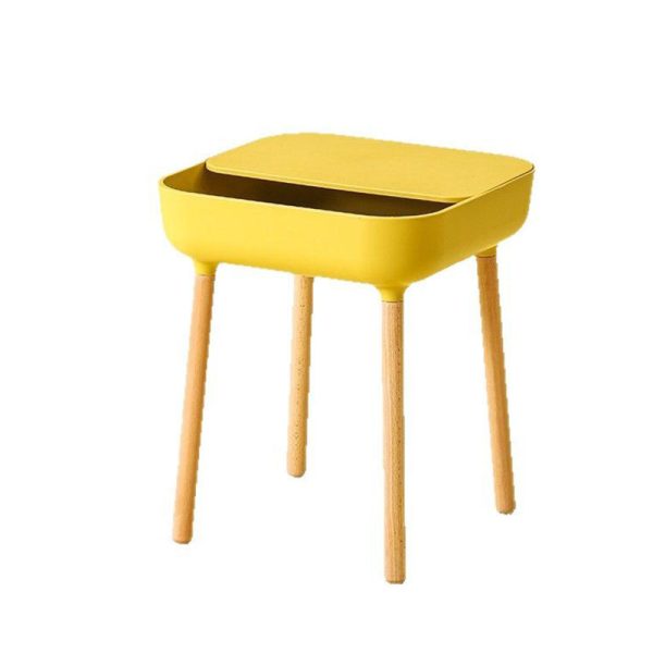 Modern Minimalist Square Desktop Plastic Nightstand With Solid Wood Legs 1-Drawer For Bedroom - Image 18