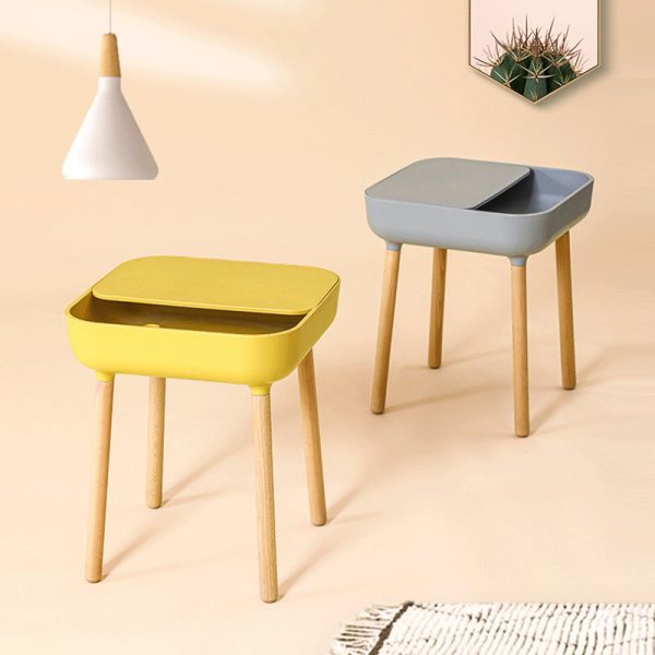 Modern Minimalist Square Desktop Plastic Nightstand With Solid Wood Legs 1-Drawer For Bedroom - Image 2