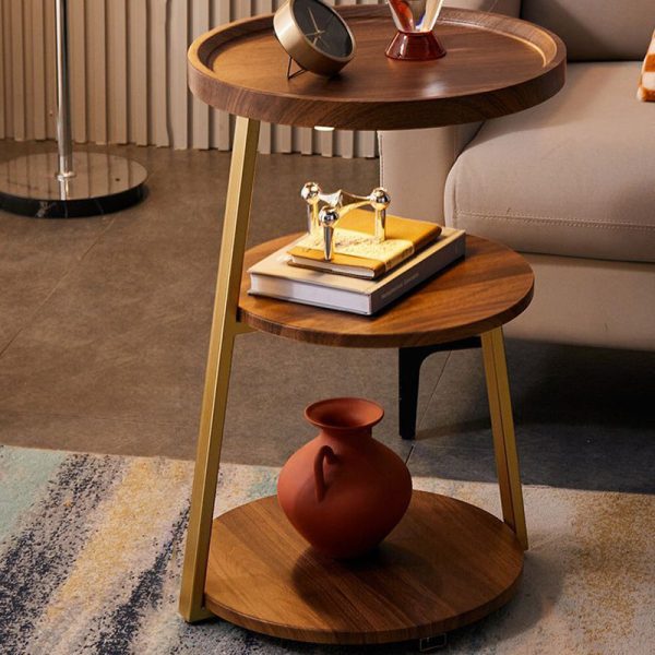 Modern Minimalist Round Metal Wood Coffee Table 3-Tier For Living Room