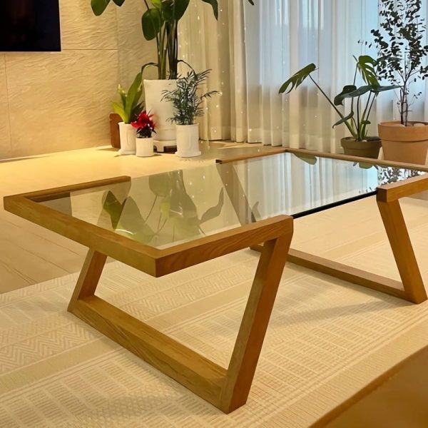 Modern Art Deco Rectangular Wood Glass Coffee Table 1-Tier For Living Room