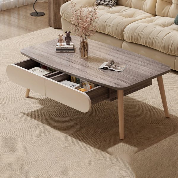 Modern Minimalist Rectangular MDF & Beech Wood Coffee Table 2-Drawer For Living Room - Image 2