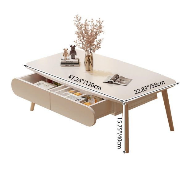 Modern Minimalist Rectangular MDF & Beech Wood Coffee Table 2-Drawer For Living Room - Image 4