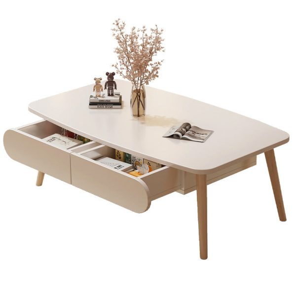 Modern Minimalist Rectangular MDF & Beech Wood Coffee Table 2-Drawer For Living Room - Image 13