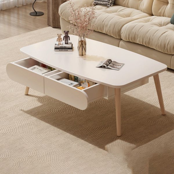 Modern Minimalist Rectangular MDF & Beech Wood Coffee Table 2-Drawer For Living Room