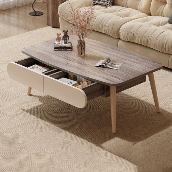Modern Minimalist Rectangular MDF & Beech Wood Coffee Table 2-Drawer For Living Room - Image 9