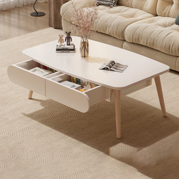 Modern Minimalist Rectangular MDF & Beech Wood Coffee Table 2-Drawer For Living Room - Image 10